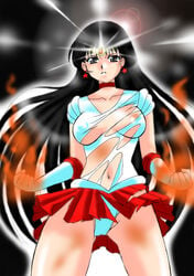 bishoujo_senshi_sailor_moon black_hair breasts clothes clothing color female female_only fire front_view hair human long_hair pointy_chin ranpu rei_hino sailor_mars skirt small_breasts solo standing tagme torn_clothes