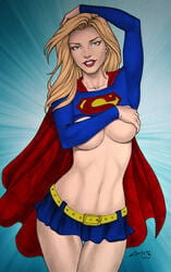 1girls 2014 arm_covers_breast arm_up belly belt beltskirt blonde_hair blue_background blue_clothing blue_eyes blue_microskirt blue_miniskirt blue_skirt cape carlos_braga color colored covering_breasts dc deviantart_link female female_only hand_on_breast hand_on_head jmascia kryptonian light-skinned_female long_hair looking_at_viewer microskirt midriff miniskirt navel panties pinup red_cape red_lips red_lipstick skirt small_breasts smile solo supergirl superheroine superman_(series) thigh_gap topless underboob yellow_belt