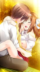 areolae blush breasts closed_eyes female forest game_cg hairband kimishima_ao legs mitsu_king nipples no_bra no_panties open_clothes open_mouth orange_hair otome_ga_kanaderu_koi_no_aria penis saliva sex short_hair skirt small_breasts sunlight sweat thighs trees tsukahara_izumi vaginal_penetration yukishiro_kotori zinno