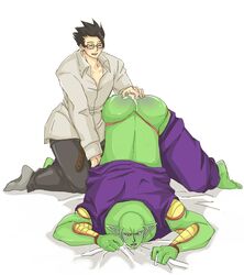 bald black_hair closed_eyes clothes color cum dragon_ball dragon_ball_z hair interspecies male male_only multiple_males namekian piccolo son_gohan yaoi