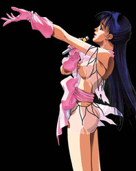 1girls 80s ass black_background blue_hair breasts clothing curvaceous dress edit female gloves human idol large_breasts light-skinned_female light_skin long_hair lynn_minmay macross medium_breasts microphone mikimoto_haruhiko nipples nude_filter official_art singing solo super_dimension_fortress_macross