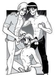 3boys bottomless clothed fountainhead group_sex ken_katayanagi kyle_katayanagi male_only nude partially_clothed penis scott_pilgrim scott_w_pilgrim threesome topless twins yaoi