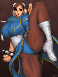 brown_hair bunned_hair capcom chun-li clothed double_bun fighting_pose skbgg street_fighter