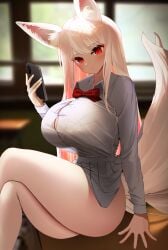 absurdres animal_ears blush bottomless bow bowtie breasts buttons collared_shirt dress_shirt female female fox_ears fox_girl fox_tail highres huge_breasts legs long_hair looking_at_viewer nicorima original phone red_eyes shirt sitting solo tail