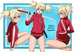 1girls ass bare_legs barefoot black_panties bleach blonde_hair female female_only hiyori_sarugaki holding_object holding_weapon jacket katana kneeling long_hair mistowing multiple_views no_pants oerba_yun_fang panties partially_clothed petite sarugaki_hiyori sharp_teeth sitting solo solo_focus standing sword tied_hair twintails weapon