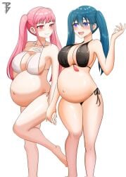 2girls alternate_costume alternate_hairstyle bangs bare_legs bikini black_bikini black_swimsuit blue_eyes breasts byleth_(fire_emblem) byleth_(fire_emblem)_(female) double_pregnancy female female_only fire_emblem fire_emblem:_three_houses fire_emblem_heroes hilda_valentine_goneril holding_hands large_breasts long_hair long_pink_hair multiple_girls multiple_pregnancies naked nintendo official_alternate_costume pink_eyes pink_hair pregnant sideboob swimsuit teal_hair toy_bits twintails virginity_loss white_background white_bikini white_swimsuit