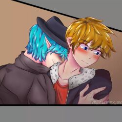 2boys azrealon black_hat blue_eyes blue_hair blush elf_ears gay gemmad grabbing gradient_background mcyt orange_hair pointy_ears simple_background vx-fluffy-xv yaoi ytmci