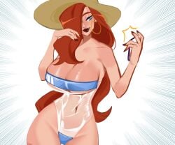 1girls bikini blue_eyes female female_only freckles hair_over_one_eye hoop_earrings hourglass_figure huge_breasts league_of_legends light-skinned_female light_skin long_hair miss_fortune phone pool_party_miss_fortune red_hair riot_games rururuna_san sarah_fortune sunhat swimsuit taking_picture white_background