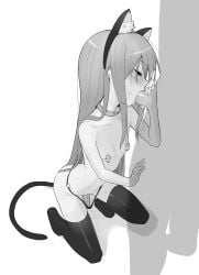 1boy 1girls anal_tail animal_ears belt_collar cat_ears cat_tail closed_eyes collar dildo_under_panties fake_animal_ears fake_tail fellatio female greyscale highres kneeling long_hair monochrome ohlia open_mouth oral paizuri panties penis sex_toy shakugan_no_shana shana simple_background solo_focus straight tail thighhighs topless underwear vibrator vibrator_on_nipple white_background