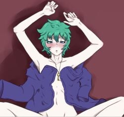 1boy ambiguous_gender blue_eyes blue_hair blush collarbone freckles heart heart-shaped_pupils implied_penetration implied_sex key_necklace kimi_ga_shine male male_only nipple_bulge pale_skin pinned pinned_to_wall purple_clothing ribs shin_tsukimi short_hair skinny slender solo sou_hiyori teal_hair your_turn_to_die yttd