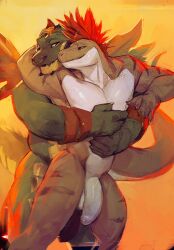 absurd_res anthro claws cuddling darkgem dinosaur dromaeosaurid duo embrace facial_piercing gay genitals hair hand_on_chest hand_on_stomach hi_res hug hugging_from_behind icarus_(darkgem) looking_at_another male male/male male_only muscular muscular_anthro muscular_male nose_piercing nose_ring nude penis piercing red_hair reptile scalie stripes theropod yaoi