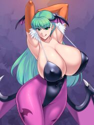 1girls armpits arms_behind_head arms_up bat_wings breasts brown_elbow_gloves cleavage clothing covered_nipples darkstalkers demon_girl elbow_gloves female gigantic_breasts green_hair head_wings kawanuma_uotsuri leotard licking_lips long_green_hair long_hair massive_breasts mature_female membranous_wings morrigan_aensland navel_line nipple_bulge pantyhose pink_pantyhose print_legwear seductive_smile solo solo_female succubus thong_leotard tight_clothing vampire_(game) wide_hips