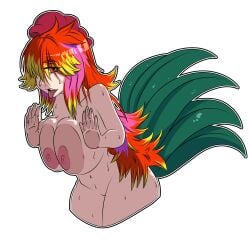 chicken_girl curvy_figure feathers multicolored_hair nude_female pressed_on_glass rooster_tail tongue_out vrchat