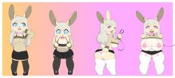 absurd_res anthro big_breasts bimbo bimbofication bottomwear breasts cameltoe clothed clothing clothing_lift collar cream_hair female fur hair hi_res huge_breasts lagomorph leash legwear leporid mammal partially_visible_vulva rabbit razzybun shortstack skirt skirt_lift solo solo_focus tan_body tan_fur thigh_highs transformation