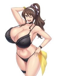 1girls arm_behind_back arm_behind_head arm_up armpit ashigara_(kantai_collection) big_breasts bikini breasts brown_eyes brown_hair cleavage covered_nipples curvy fang female gigantic_breasts hand_on_hip hand_on_own_hip huge_breasts kantai_collection kawanuma_uotsuri looking_at_viewer oerba_yun_fang one_eye_closed open_mouth ponytail seductive simple_background smile standing swimsuit teeth thick_thighs white_background wide_hips wink