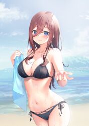 bare_arms bare_shoulders beach bikini black_bikini black_ribbon blue_eyes blue_sky blush breasts brown_hair cleavage closed_mouth collarbone commentary_request cowboy_shot day female go-toubun_no_hanayome hair_between_eyes halterneck highres holding holding_towel large_breasts long_hair looking_at_viewer mizukanayuki nail_polish nakano_miku navel ocean pink_nails ribbon side-tie_bikini sky smile solo stomach swimsuit towel water