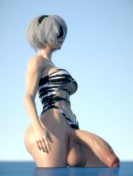 1futa 3d balls big_balls big_penis blindfold bottomless breasts flaccid foreskin futa_only futanari huge_balls huge_cock hyper hyper_penis intersex light-skinned_futa light_skin nier nier:_automata penis salamandraninja side_view solo solo_futa standing testicles uncircumcised uncut water white_hair yorha_2b