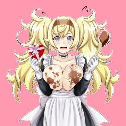 absurdres apron blonde_hair blue_eyes blush box breasts buttons chocolate chocolate_on_breasts collarbone female flying_sweatdrops gambier_bay_(kantai_collection) gift gift_box hair_between_eyes heart-shaped_box highres holding holding_gift kantai_collection large_breasts long_hair long_sleeves open_mouth pink_background simple_background solo tk8d32 twintails upper_body valentine white_apron