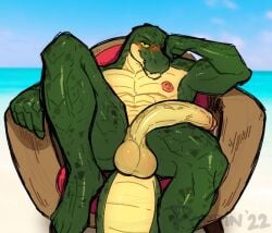 abs anthro areolae balls beach big_balls big_penis blush bodily_fluids crocodilian foreskin furniture genital_fluids genitals helm_(connivingrat) huge_balls huge_cock humanoid_genitalia humanoid_penis leaking leaking_precum looking_at_viewer male male_only muscular muscular_male nipples nude original_character outdoors pecs penis poppin precum reptile reptile_humanoid scalie solo uncut vein veiny_penis