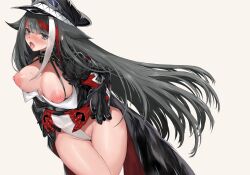 ahe_gao areolae azur_lane bangs black_hair blue_eyes blush breasts commentary_request deutschland_(azur_lane) female female goggles goggles_on_headwear grey_background hat highres large_breasts leotard leotard_lift lifted_by_self long_hair long_sleeves looking_at_viewer mechanical_hands mechanical_parts multicolored_hair nipples nose_blush oerba_yun_fang open_mouth peaked_cap red_hair revision simple_background solo streaked_hair sweat takeakigaku tongue tongue_out very_long_hair white_hair white_leotard