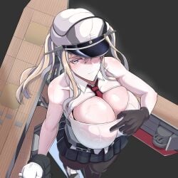 black_gloves blonde_hair bra bra_visible_through_clothes cleavage cleavage_cutout female female_only gloves graf_zeppelin_(kantai_collection) high-angle_view kantai_collection lace-trimmed_bra long_hair looking_at_viewer military_hat necktie necktie_between_breasts platinum_blonde_hair pleated_skirt see-through_clothing sleeping solo sweat twintails umauma