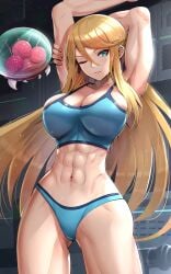 1girls abs baby_(metroid) blonde_hair breasts cleavage clothing female gonzarez gonzarez1938 human human_only long_hair metroid mole mole_under_mouth muscular muscular_female navel one_eye_closed samus_aran stretching tomboy