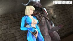 1boy 1boy1girl 1girls 3d 3d_(artwork) big_penis blonde_hair blue_eyes crossover dbd dead_by_daylight female fudgeberserker horns kazan_yamaoka male metroid minotaur monster samus_aran sarah_bryant sfm the_oni_(dbd) zero_suit_samus