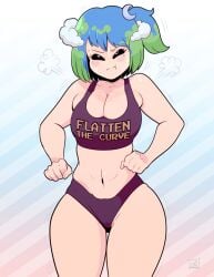 1girls blue_hair blush breasts cleavage curvy earth-chan female_only green_hair large_breasts nasa ponytail sports_bra struggling sweat theaaronschmit thick_thighs