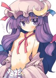 bare_shoulders blush bow bust clothing crescent female female hair_ornament hairbow hat headwear high_resolution long_hair nipples off_shoulder patchouli_knowledge pettanko purple_eyes purple_hair shirogane_(platinum) solo topless touhou undressing upper_body very_long_hair