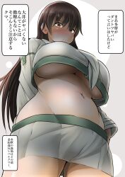 blush breasts brown_eyes brown_hair curvy female highres kantai_collection konoshige_(ryuun) large_breasts long_hair long_sleeves looking_at_viewer looking_down navel ooi_(kantai_collection) remodel_(kantai_collection) ryuun_(stiil) solo translated underboob