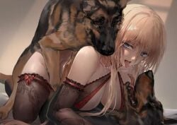 2dogs all_fours azur_lane bestiality bismarck_(azur_lane) blonde_hair blue_eyes canine feral feral_on_female lingerie polki zoophilia