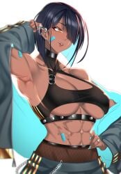 1girls abs anima_(togashi) breasts dark-skinned_female fit_female hair_over_one_eye muscular_female nephtys_(anima) underboob