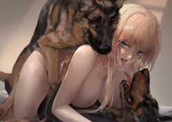 2dogs all_fours azur_lane bestiality bismarck_(azur_lane) blonde_hair blue_eyes canine drooling feral feral_on_female german_female german_shepherd looking_back_at_partner polki tongue_out zoophilia