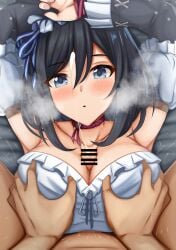 1boy 1girls armpits arms_up bangs bar_censor black_hair blouse blue_eyes blue_ribbon blush breast_grab breasts censored choker cleavage collarbone commentary_request cum detached_sleeves dirndl eishin_flash_(umamusume) ejaculation eyebrows_visible_through_hair female german_clothes grabbing hair_between_eyes hair_ribbon highres horse_girl large_breasts looking_at_viewer lying on_back open_mouth paizuri paizuri_under_clothes projectile_cum red_choker ribbon shokan_(pixiv61462319) short_hair steaming_body straight umamusume upper_body white_blouse