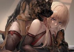 2dogs all_fours azur_lane bestiality bismarck_(azur_lane) blonde_hair canine feral feral_on_female polki zoophilia