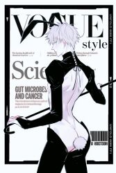 1boy 1male albino ass bunny_boy bunny_ears bunny_tail bunnysuit crossdressing femboy feminine_male feminization gay girly half-dressed half_naked hanlu jujutsu_kaisen looking_at_viewer looking_back magazine_cover male male_focus pale-skinned_male satoru_gojo sissy turning_head twink white_hair yaoi