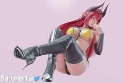 3d 3d_(artwork) bikini bikini_bottom bikini_top elf_ears gloves glowing_eyes heels high_heel_boots high_heels horned_humanoid horns kanjihentai original_character pointy_ears red_eyes red_hair ryanreos sinia stockings succubus succubus_horns