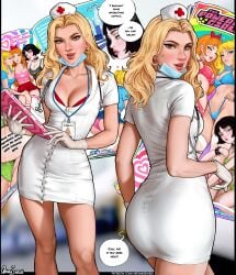 1girls aroma_sensei aroma_sensei_(oc) artist_self-insert ass blonde_hair blossom_(powerpuff_girls) brown_eyes bubbles_(powerpuff_girls) buttercup_(powerpuff_girls) cleavage clothed cosplay face_mask female female_only high_resolution highres large_ass long_hair nurse nurse_(cosplay) powerpuff_girls real_person self_portrait skirt smile speech_bubble stethoscope text tight_clothing wide_hips