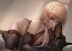 2dogs all_fours azur_lane bismarck_(azur_lane) blonde_hair canid canid_on_humanoid canine canine_on_human cowgirl_position dog domestic_dog female_human feral hetero human male male/female male_canine polki vaginal_penetration zoophilia