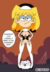 1girls 236kbs blonde_hair breasts cleavage cross english_text eyeshadow female female_only frown half-closed_eyes lori_loud nun nun_outfit panties solo solo_female solo_focus speech_bubble stockings talking_to_viewer text the_loud_house thigh_highs thighhighs white_panties