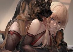 2dogs all_fours azur_lane bestiality bismarck_(azur_lane) blonde_hair blue_eyes breeding canine domestic_dog feral feral_on_female large_ass polki thick_thighs wide_hips zoophilia