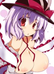 bow breasts clothing female female female_only hat hat_bow headwear high_resolution iku_nagae large_breasts nipples purple_hair red_eyes shawl shirogane_(platinum) short_hair solo touhou