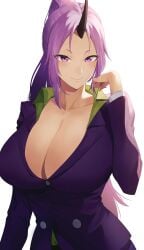 absurdres breasts cleavage closed_mouth collared_shirt female green_shirt high_ponytail highres horns huge_breasts jacket long_hair looking_at_viewer matching_hair/eyes matching_hair_and_eyes oni oni_horns pants ponytail purple_eyes purple_hair purple_jacket purple_pants purple_suit rororo shion_(tensei_shitara_slime_datta_ken) shirt sidelocks single_horn smile tensei_shitara_slime_datta_ken white_background