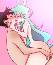 blush down_to_earth female green_hair kade_(down_to_earth) kissing kissing_while_penetrated pear_shaped pink_background pointy_ears pookie_senpai sitting_on_lap webcomic webtoon zaida zaida_(down_to_earth)