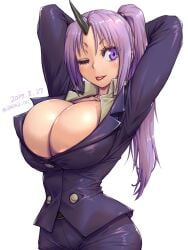 10s 1_horn ahoge amania_orz arms_up belt belt_buckle black_horn black_horns black_jacket black_pants blue_sky blush breasts buckle cleavage collarbone dated female formal highres horn horns huge_breasts jacket long_hair long_sleeves no_bra office_lady one_eye_closed oni oni_girl oni_horn oni_horns pants purple_eyes purple_hair shiny shiny_hair shion_(tensei_shitara_slime_datta_ken) sidelocks sky smile solo standing suit tensei_shitara_slime_datta_ken v-shaped_eyebrows very_long_hair wink