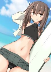 absurdres adapted_costume bikini black_bikini blue_sky bob_cut brown_eyes brown_hair cloud cowboy_shot female flat_chest grey_skirt groin headgear highres jacket kantai_collection looking_at_viewer petite pleated_skirt shiba_(zudha) short_hair skirt sky solo surfboard swimsuit taihou_(kantai_collection) white_jacket