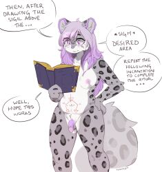 1futa anthro areolae book breasts conditional_dnp countershading dialogue dickgirl elbow_tufts erect_nipples felid flaccid fluffy fluffy_tail fur futa_only futanari genitals grey_body grey_fur hair inner_ear_fluff intersex knives4cats long_hair mammal nipples nude pantherine penis purple_hair reyathae slightly_chubby small_breasts snow_leopard solo speech_bubble spots tuft