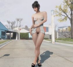 3d breasts corposlut_(artist) fallout fallout_4 french_nails high_heels messy_bun messy_hair open_dress open_toe_shoes