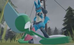 3d_(artwork) anal anal_sex blue_blush blue_body blue_fur blush breasts canid canine canis digital_media_(artwork) duo eye_contact female forest fur gallade genitals grass grey_sky hand_on_hip humanoid jackal looking_at_another lucario male male/female mammal nintendo nipples penetration penis plant pokemon pokemon_(species) pokemon_only pussy randomkink sex sky source_filmmaker standing tree utility_pole video_games