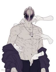 1boy bondrewd dilf disembodied_hands groping hand_in_pants helmet made_in_abyss male male_only mask masked masked_male muscular muscular_male necklace open_clothes open_pants restricted_palette scar scars solo_focus spes_2323 topless topless_male